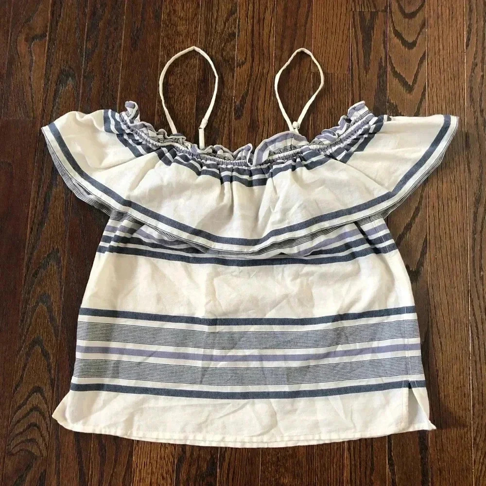 Splendid Women’s S Off-the-Shoulder Ruffle Overlay Blue/Off-White Striped Top - Picture 3 of 12